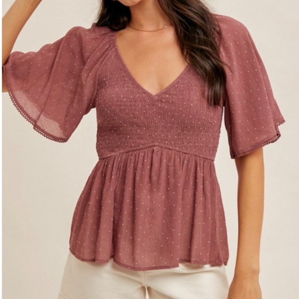 Women's Dusty Rose V-Neck Smocked Peplum Top